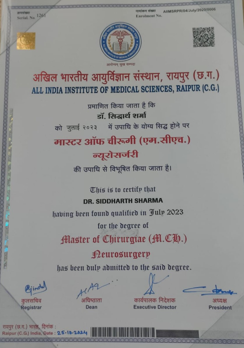 dr siddharth sharma mch neurosurgery degree certificate